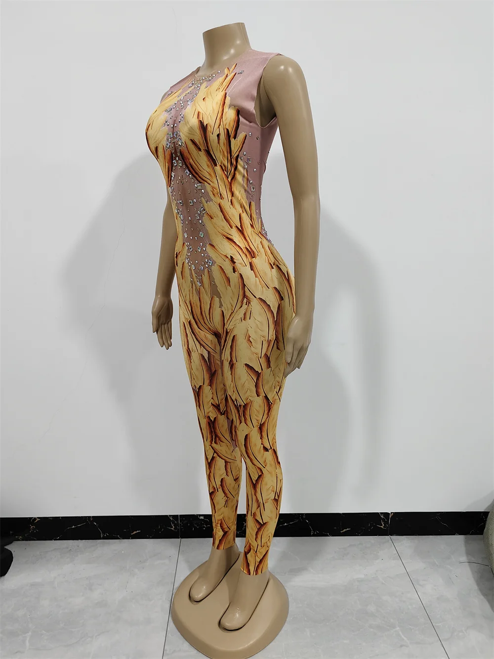 Sparkly Crystal Printed Sleeveless Jumpsuit Halloween Cosplay Leotard Performance Costume Nightclub Party Show Dancer Stage Wear