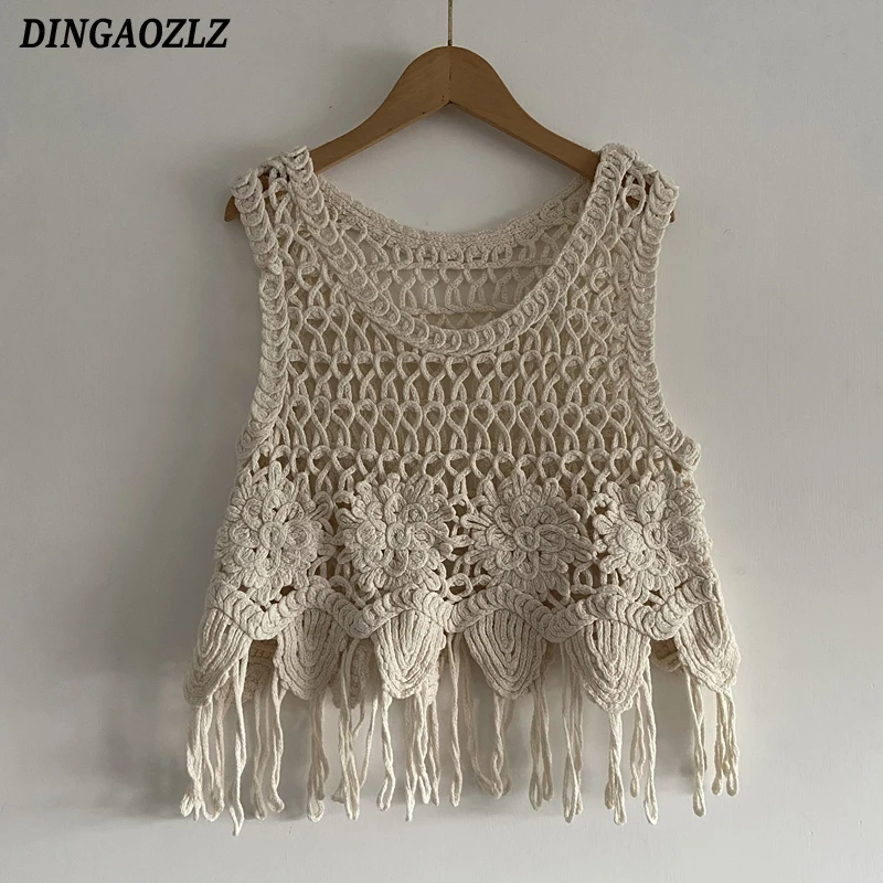 

2024, весна-лето, богемный вязаный жилет, рубашка с крючком и цветком, полые майки, женская блузка без рукавов с кисточками