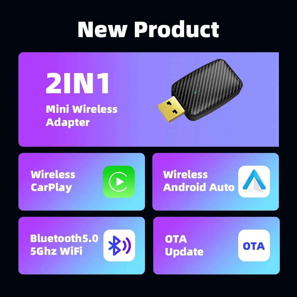 Wireless Carplay Adapter Android Auto Wireless Smart Dongle 2in1 For Volvo Benz Cadillac Jeep Lexus Buick Benz Audi Mazda VW Kia