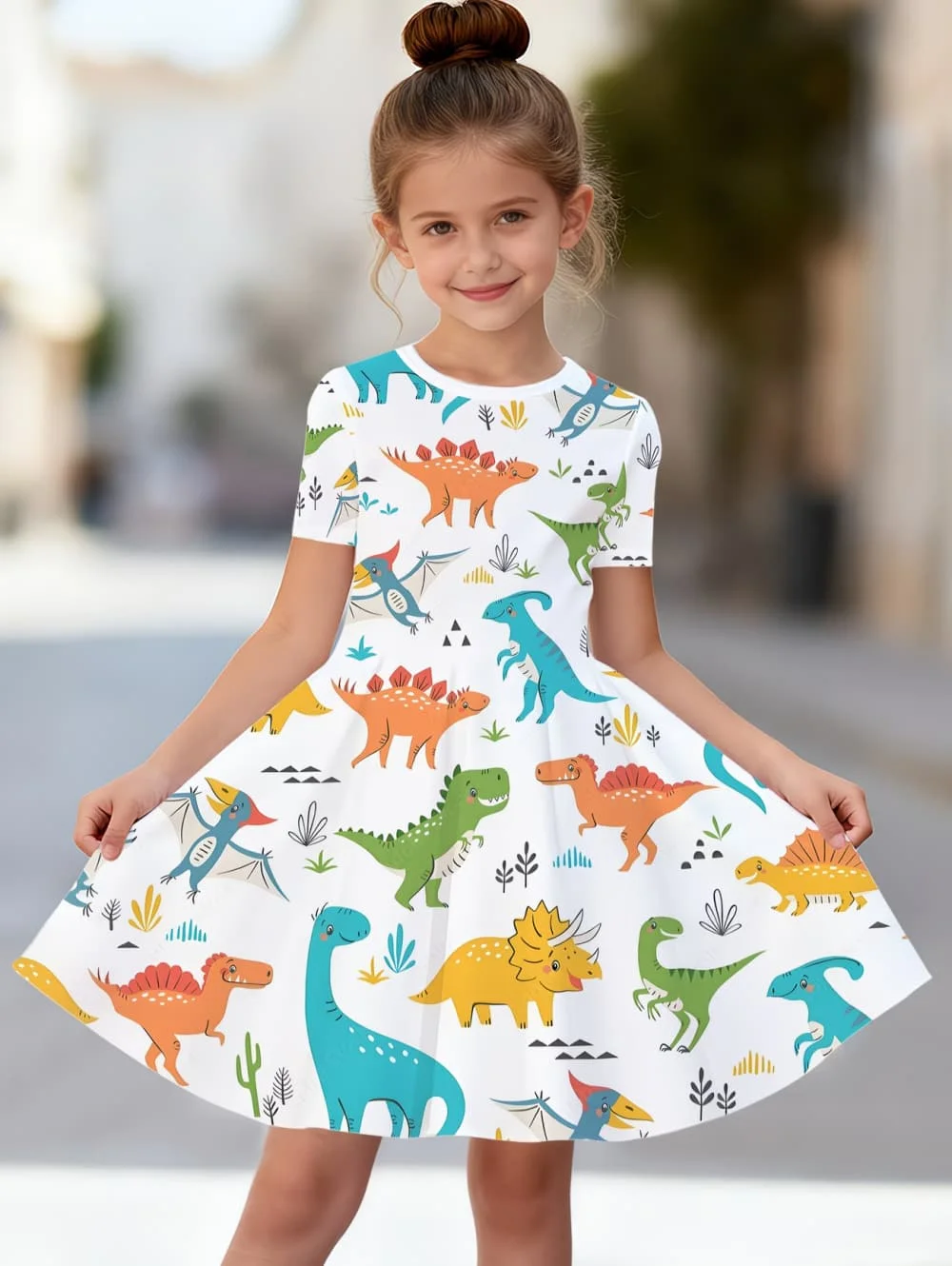 Cute Dinosaur Print Girls' Princess Dress Summer Casual Dress for Girls Cartoon Graphic Outfit Birthday Gifts Children Clothes
