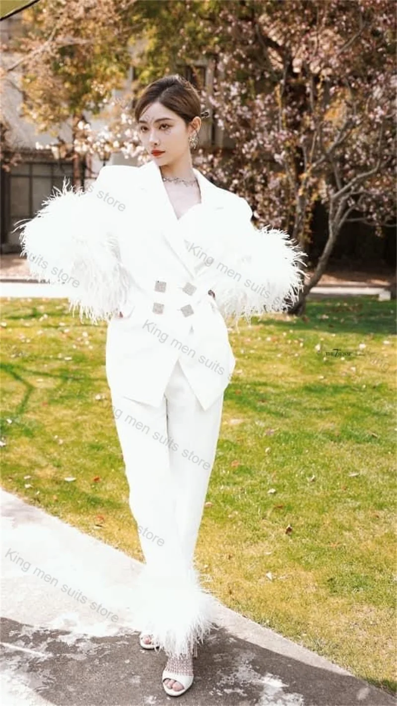 Weißer Feder-Damenanzug-Set, 2-teilig, Blazer, Hose, Hose, maßgeschneidert, formelle Bürodame, Jacke, Hochzeit, Abschlussball, zweireihiger Mantel