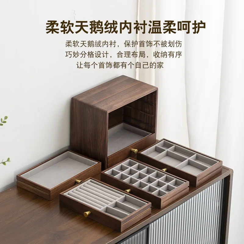 Black Walnut Solid Wood Household Large Capacity Multi-layer Earrings Ring Necklace Storage Transparent Visual Jewelry Box