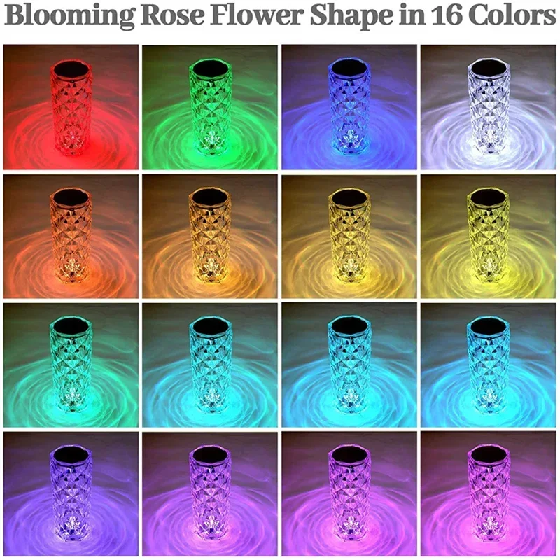 Crystal Table Lamp for Bedroom Touch/Remote Dimmable 16 Colors USB LED Night Light Bedside Diamond Rose Design