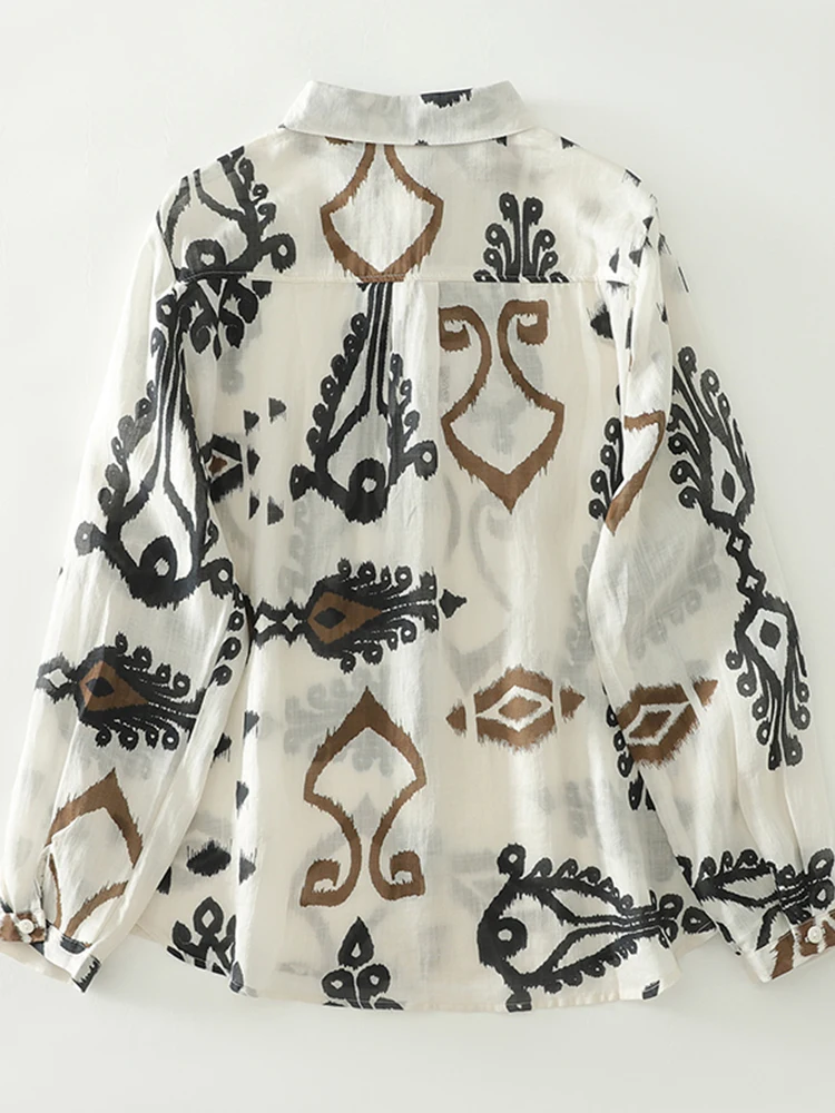 Spring Autumn Printed Cotton Hemp Long Sleeve Shirt Women New Thin Breathable Artistic Blouse Large Loose Casual Shirt Top S102