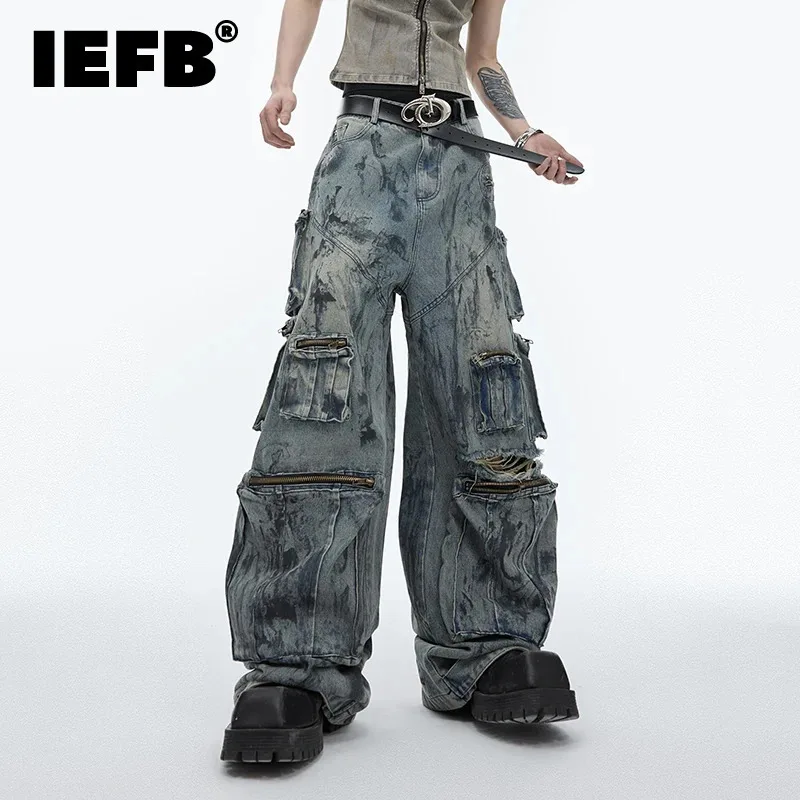 

IEFB High Street Men's Jeans Worn-out Multi Pocket Design Hand Painting Hole Straight Loose Male Denim Pants Summer 24Y156