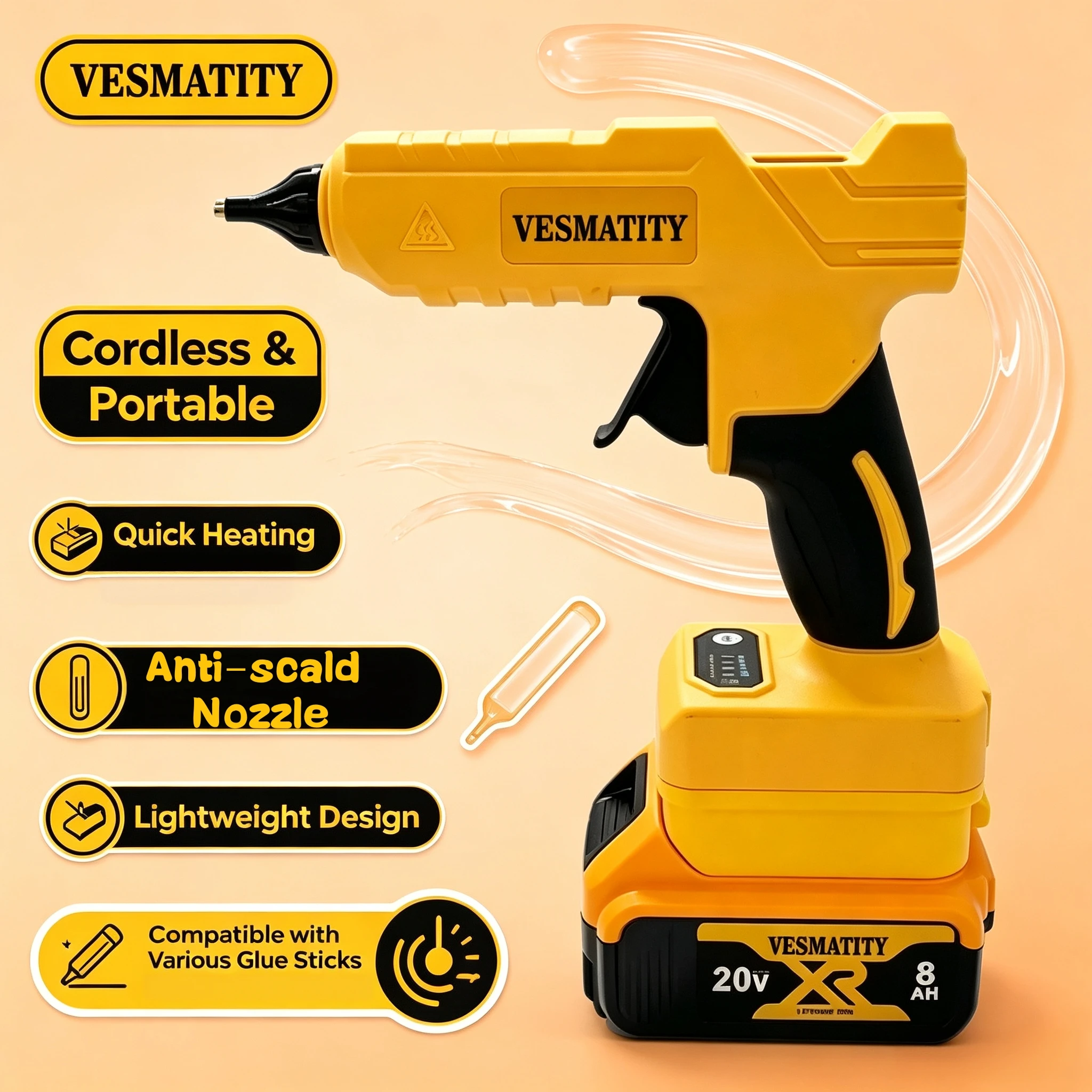 VESMATITY Hot Glue Gun DIY Hot Melt Welding Tool Anti-scald Nozzle Electric Hot Air Gun for Dewalt Battery Pro Use