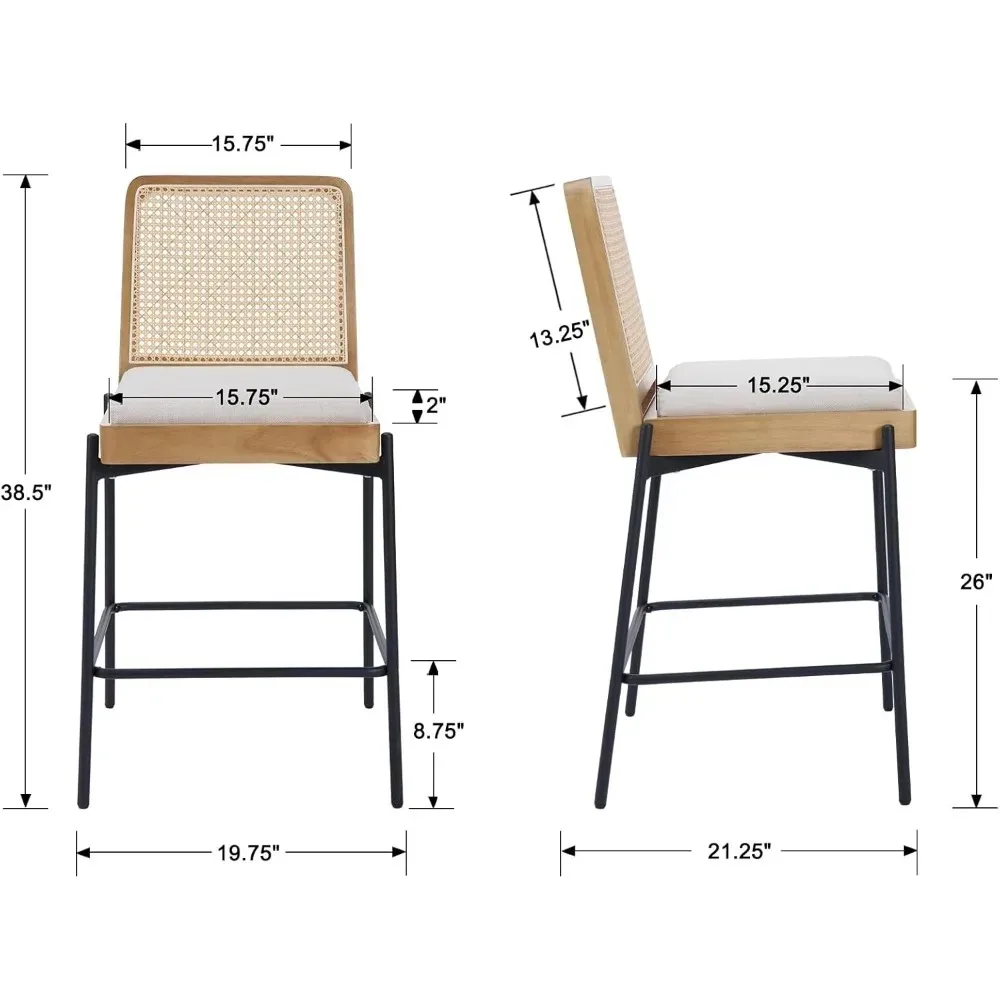 モダンなバースツール 2 個セット、カウンター高さ 26 インチ スツール、籐バック付き、リネン布張りのキッチンアイランドチェアバースツール、w