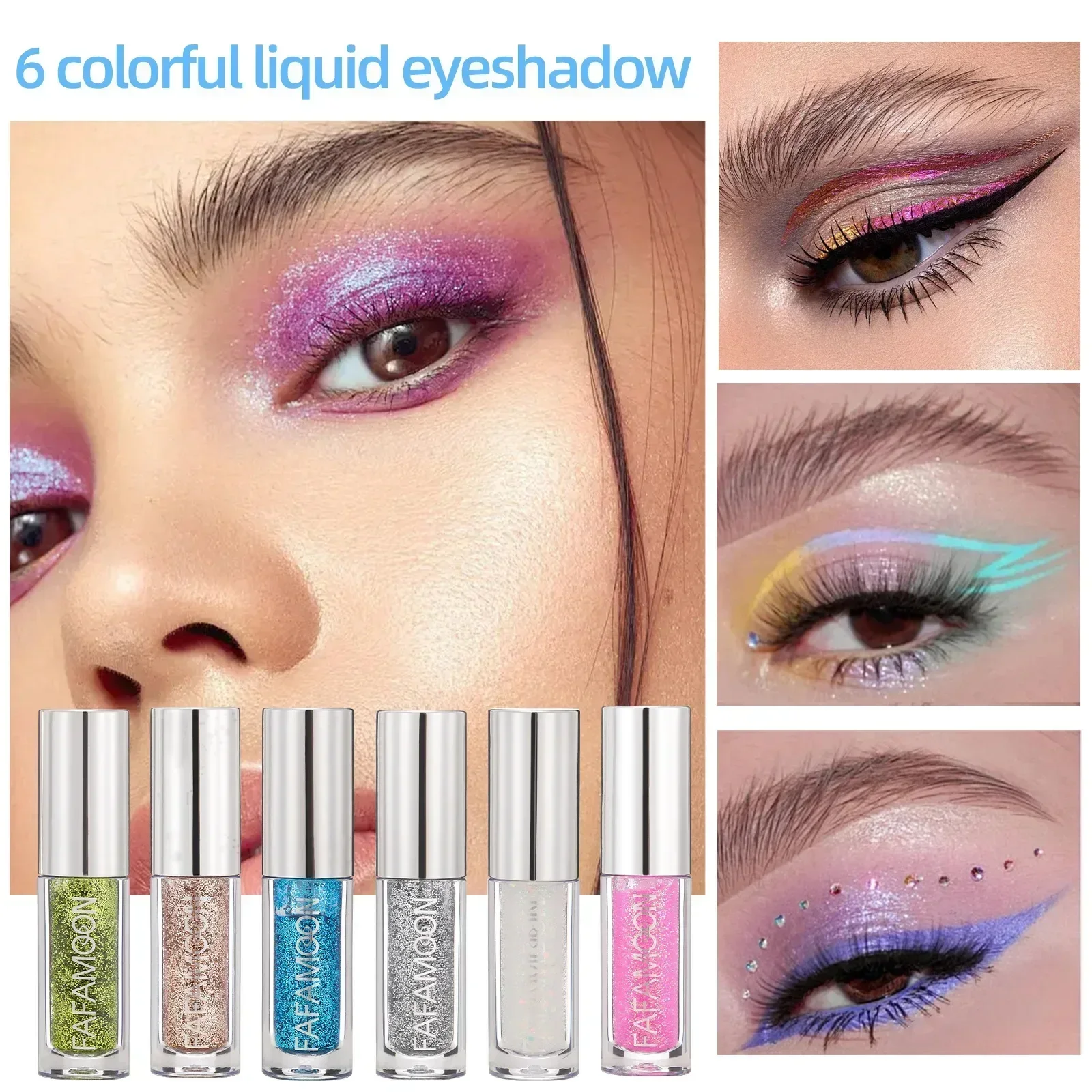 Zestaw 6 kolorowych brokatowych eyelinerów Perłowy połysk Łatwy w aplikacji Wodoodporny Trwały Nieblaknący Profesjonalny makijaż na imprezę Festiwal