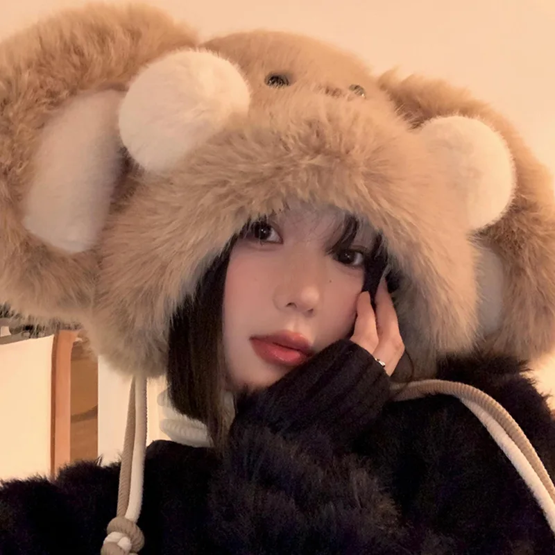 Cute Bunny Ear Plush Warm Hood Hat Sweet And Versatile Big Head Circumference Cold Proof Ear Protection Hat