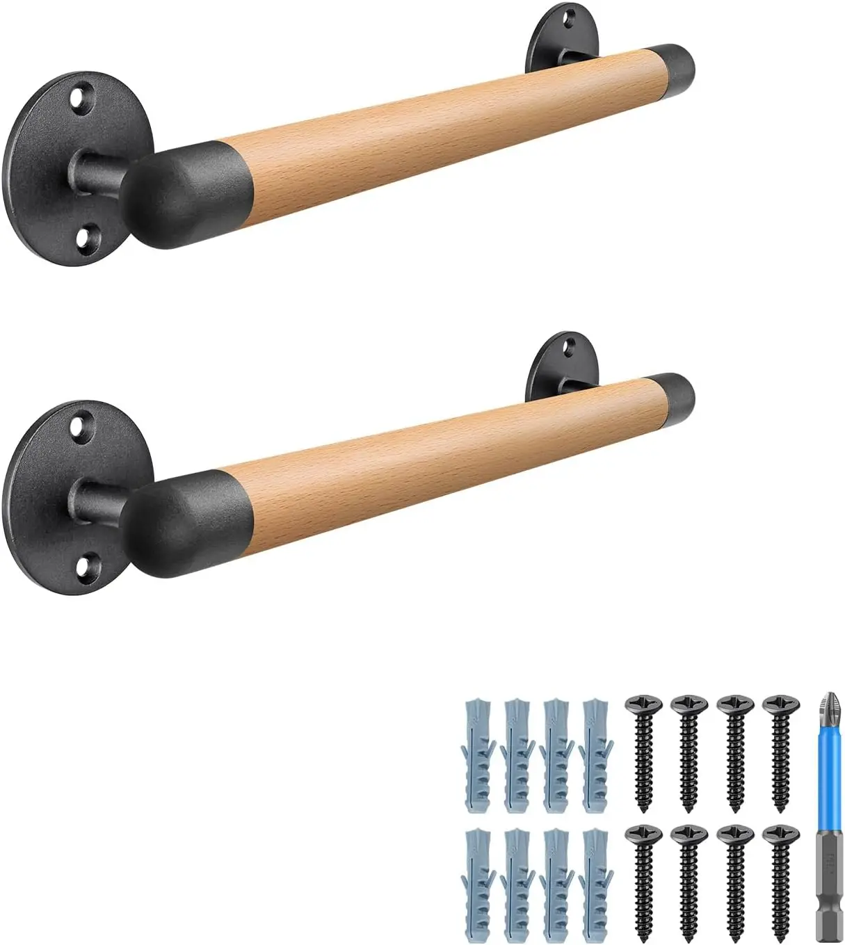 

15 Inch Wood Handrail for Stairs, Drywall or Concrete Mount, 1.3 Inch Round, 2 Pack