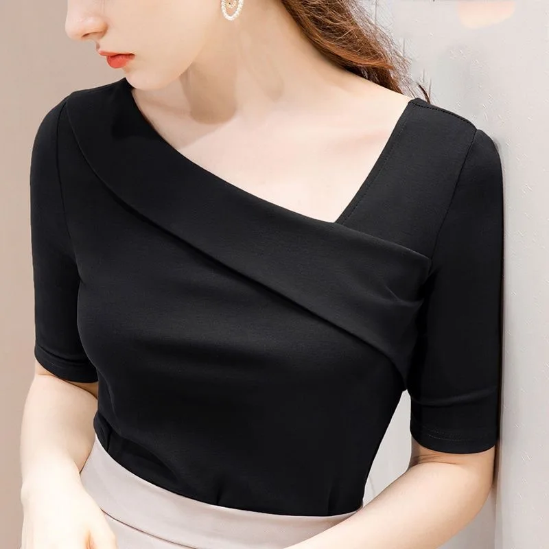 Woman\'s Clothing Spring Summer Style Basic T-Shirts Tops Lady Slim Short Sleeve Skew Collar Sheath Tops SS055