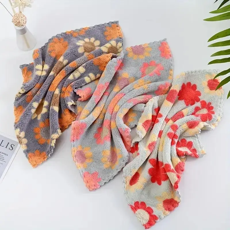 5Pcs Kitchen Cleaning Cloths Soft Absorbent Dishcloth Coral Sunflower Wiping Towel Rags Household Cleaning Cloth 30X30CM