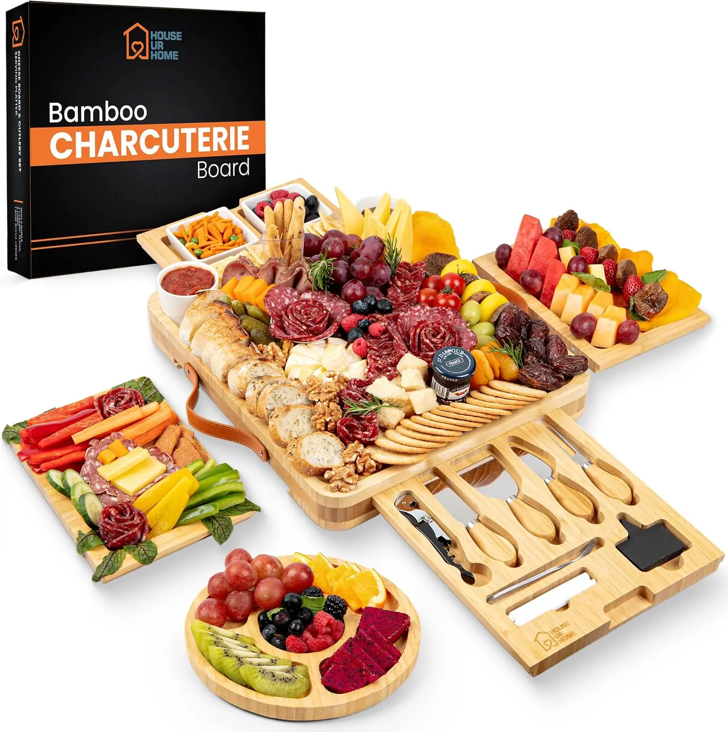 

Bamboo Charcuterie Board Set with 4 Drawers, Cheese Knives, Bowls & Plates - Ideal Holiday Gift