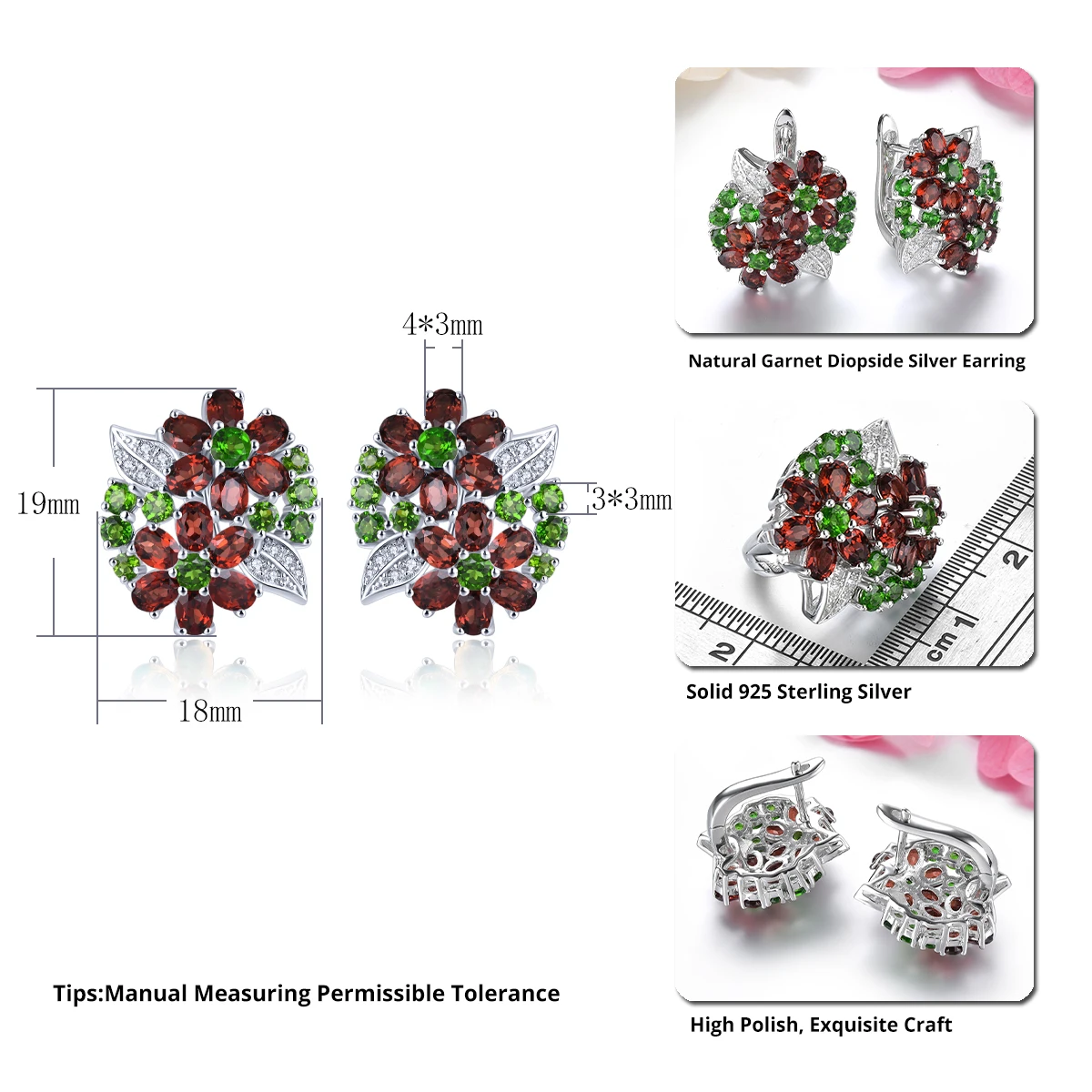 Natural Red Garnet Diopside Solid Sterling Silver Clip Earring 5.2 Carats Genuine Multicolor Gemstone Design Gorgerous Jewelrys