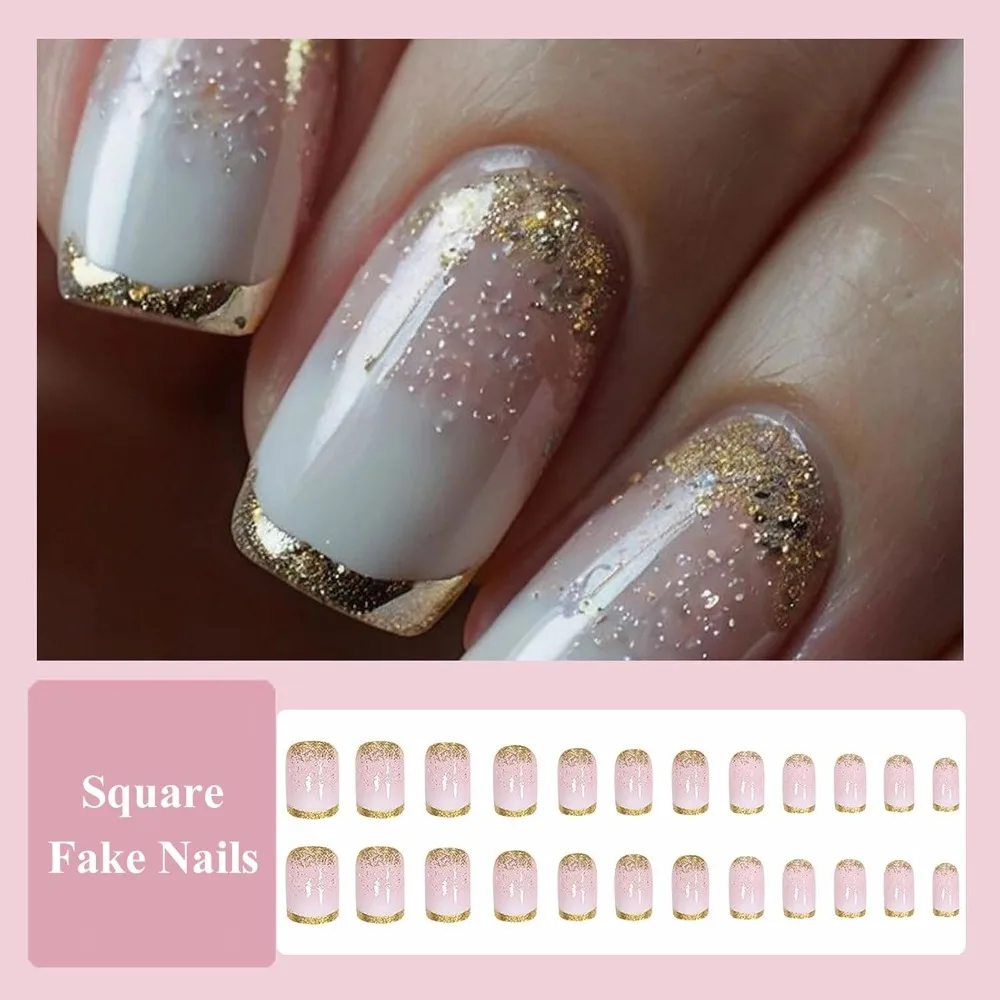 Press on Nails - Short Square Fake Nails with Ombre, Acrylic Bling Gold Glitter Design 24pcs Gradient False Nails - Detail 1