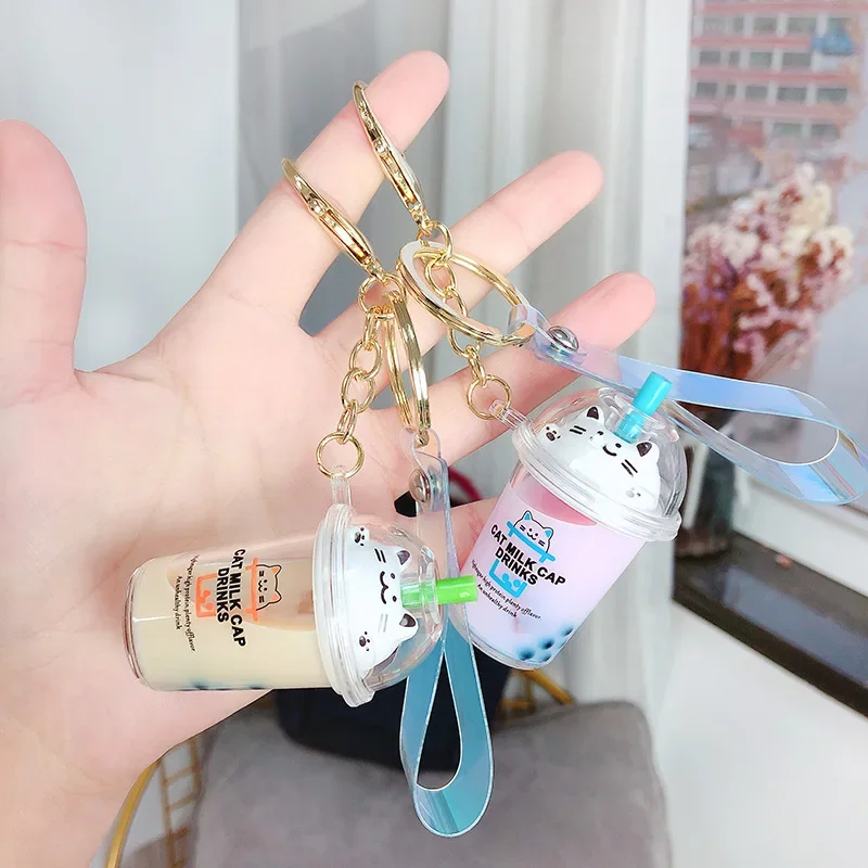 2024 Cute Creative Milk Tea Cup Kitty Keychain Liquid Crystal Quicksand wristband Key Ring Car Bag Pendant for Women Bag D570