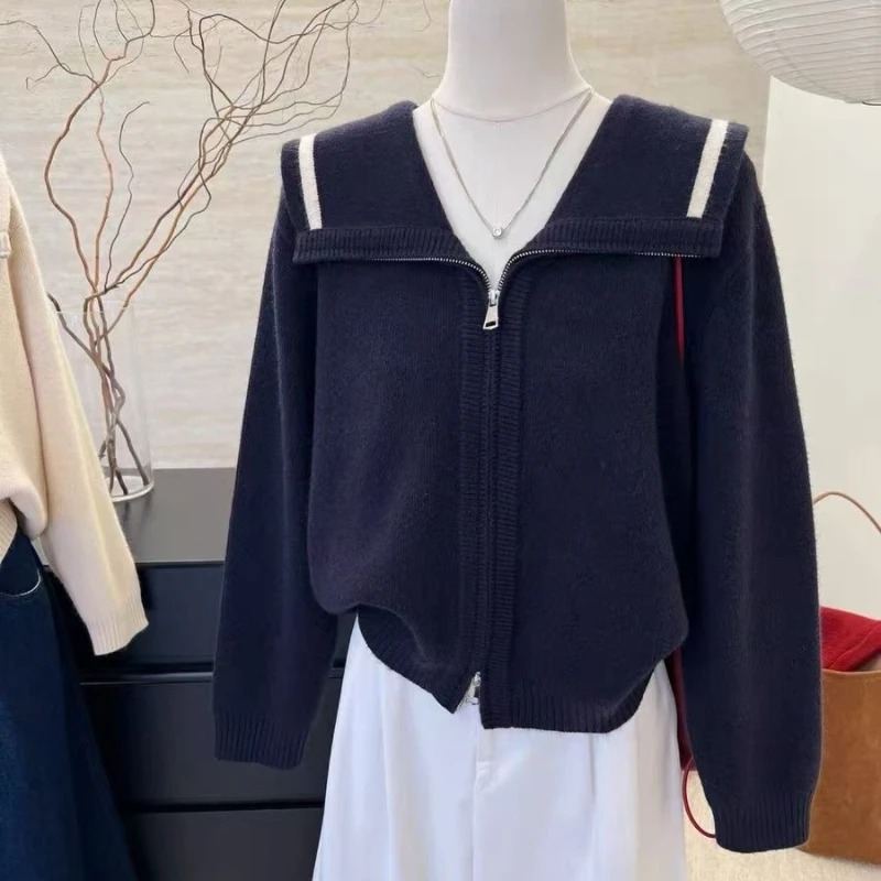 Automne hiver pull court femmes 2025 nouvelle mode ample tricots de couleur Pure fermeture éclair grande taille vêtements d'extérieur femme