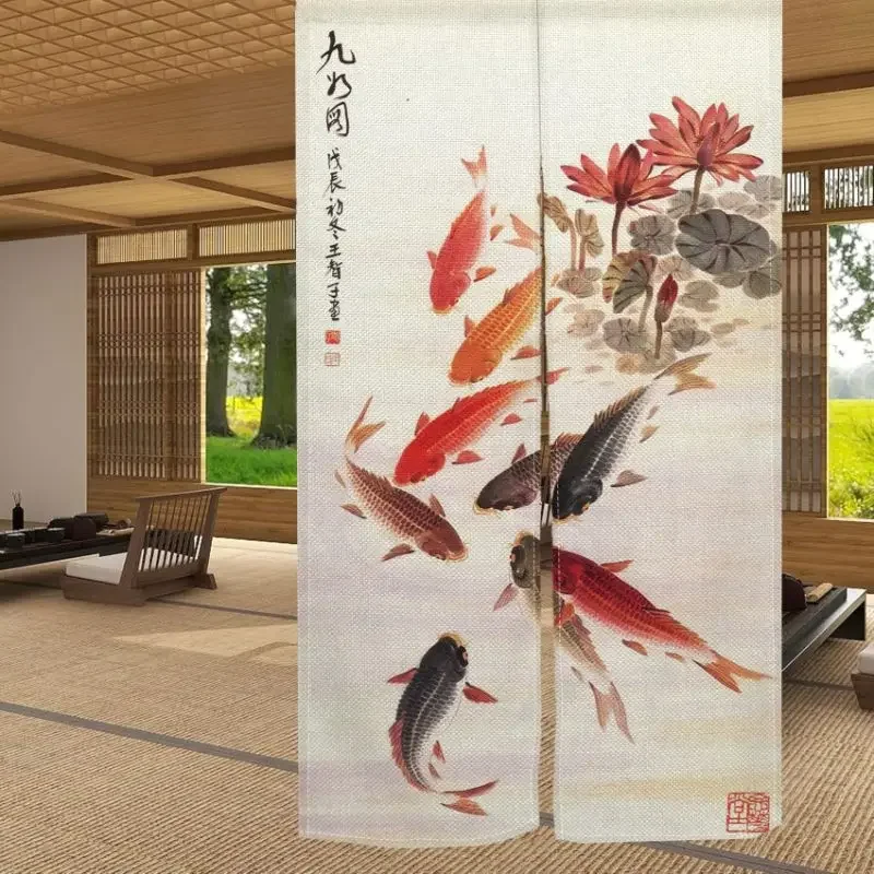 VIKAMA Nine Fish Picture Lotus Japanese Warm Curtain Half Door Curtain Kitchen Tea Room Partition Curtain Home Decoration