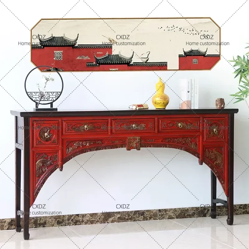 New Chinese Style Antique Solid Wood Carved Strip Table Modern Minimalist Console Table with Flat Top for Living Room