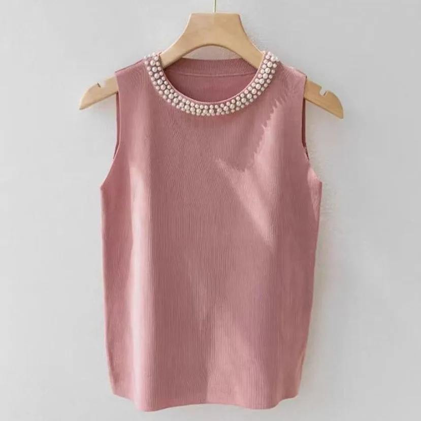 Women Knit Tank Top Sleeveless O Neck Korean Fashion Summer Sweater Solid Beading Pearl Casual Thin Female Pullover Knitwear