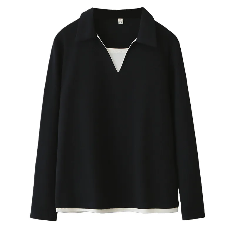 

Plus Size Fake Two Piece Polo T-Shirt For Women 2026 Spring Long Sleeve Color Block Cotton Tops 2603