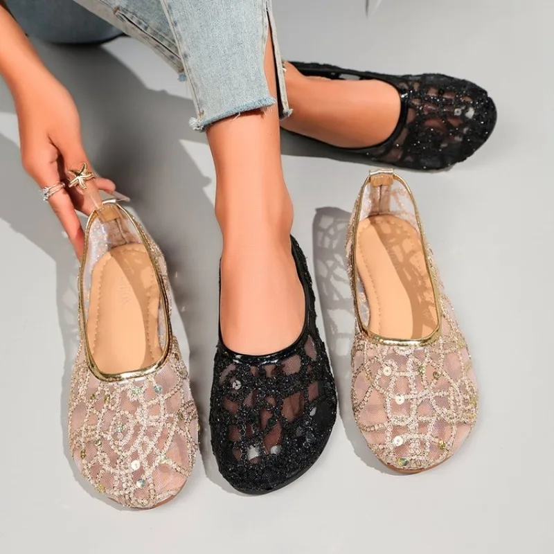 

New Mesh Lazy Comfortable Single Shoe with Round Toe Sequin Casual Shallow Mouth Low Heel Shoes