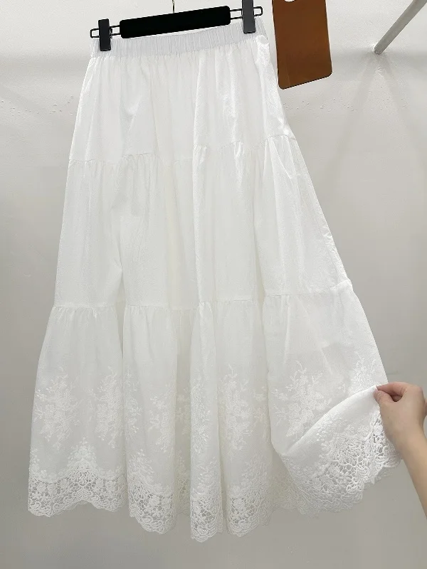 

High Waist A-Line Skirt White Lace Trimmed Half Body Korean Japanese Style Women's Fashionable Splicing Skirts