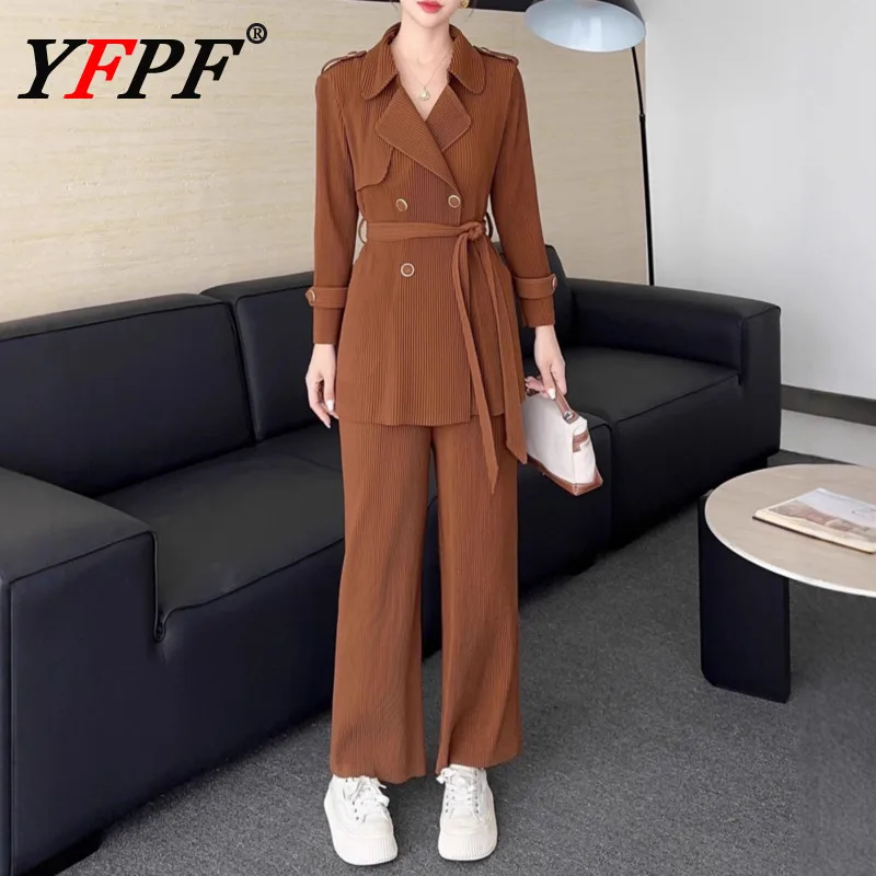 

YFPF Solid Color 2 Piece Set Women Fashion Lapel Belt Button Jacket Coat Long Pants Wide Leg Trousers Office Lady New Clothing