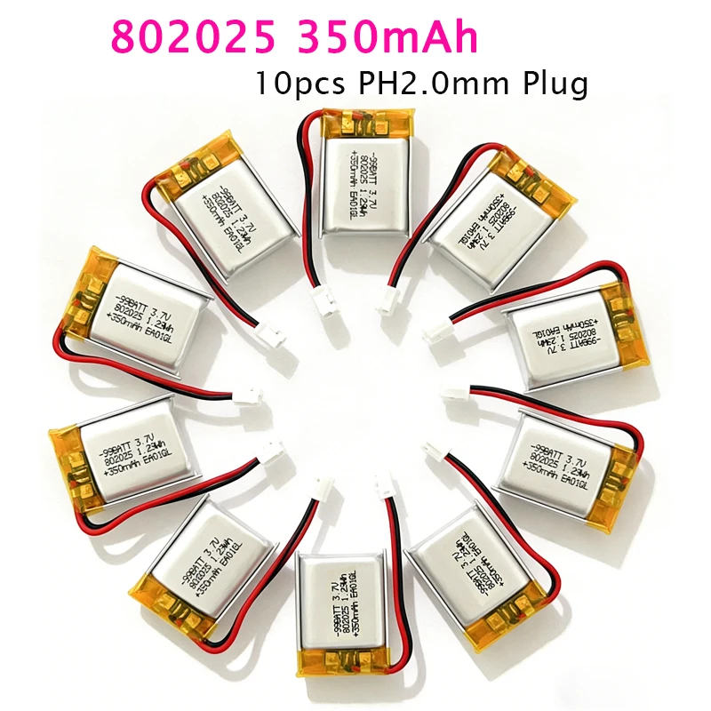 

10pcs 802025 3.7V Lipo Battery 350mAh Lithium Polymer Batteries for GPS Bluetooth Audio Bluetooth Headset Beauty Instrument DVD