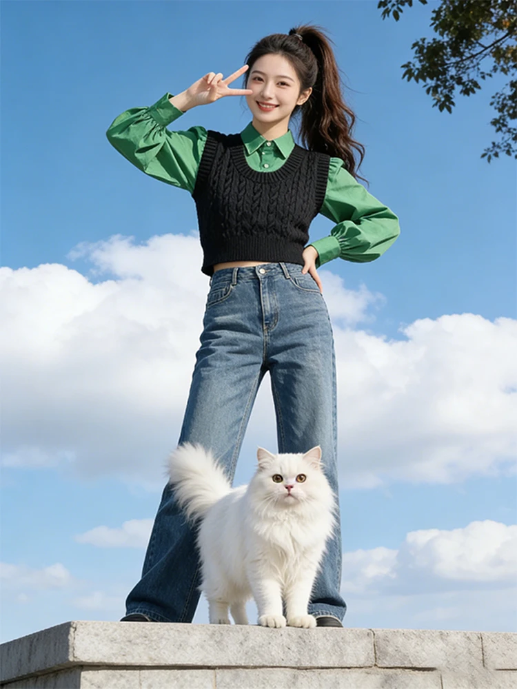 

Повседневный свободный комплект из двух предметов: вязаный жилет и топ для женщин, весна-осень, новинка, дышащий, комфортный