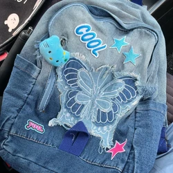 American Retro Large Capacity Denim Bag Butterfly Star Large Capacity Student Schoolbag Backpack Storage Bag Kids Backpack