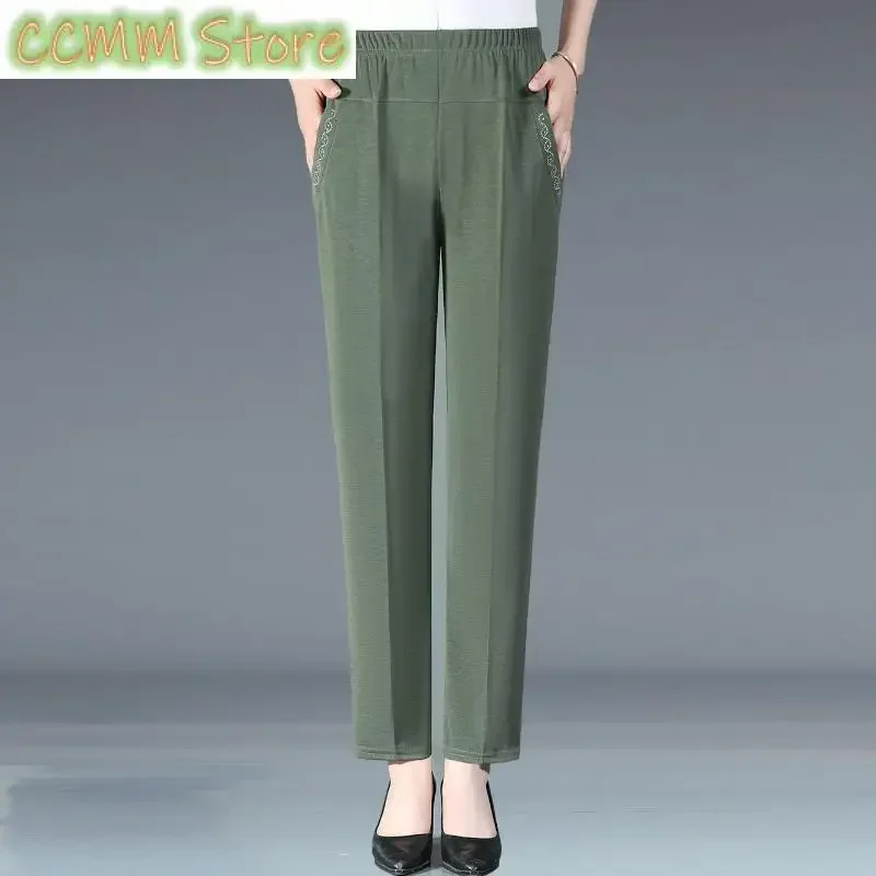 New Summer Ice Silk Mid Aged Casual Pants Women's Elastic High Waist Solid Print Pocket Korean Versatile Slim Straight Trousers