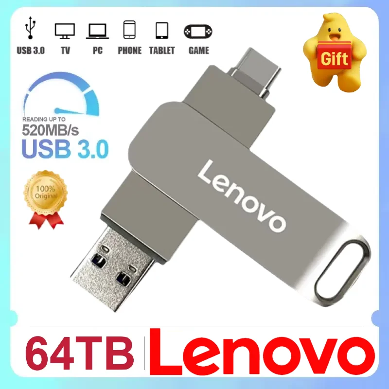 Lenovo 64TB Type-C 2-in-1 high-speed Pendrive 16TB storage device USB memory stick 1TB/2TB USB 3.0 flash drive for laptops Phone