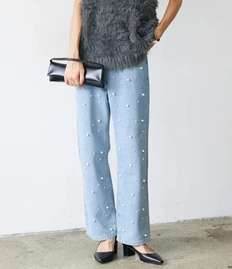 

2024 Pearls Patchwork Pantalones Mujer High Waist Women Denim Pantsloose Casual Ropa Mujer Spring Double Pockets Womens Clothing