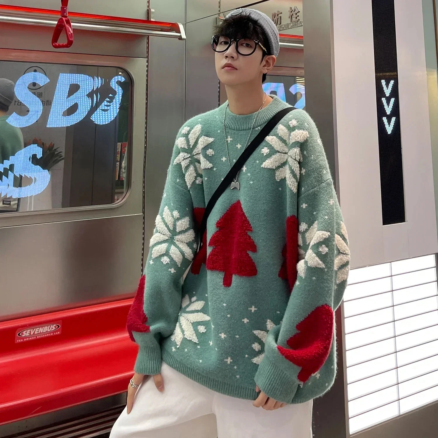 

Y2K New Christmas Tree Couple Knitted Sweater Fashion Mens Streetwear Loose Thick O-Neck Oversized Pullover Knitwear Pull Homme