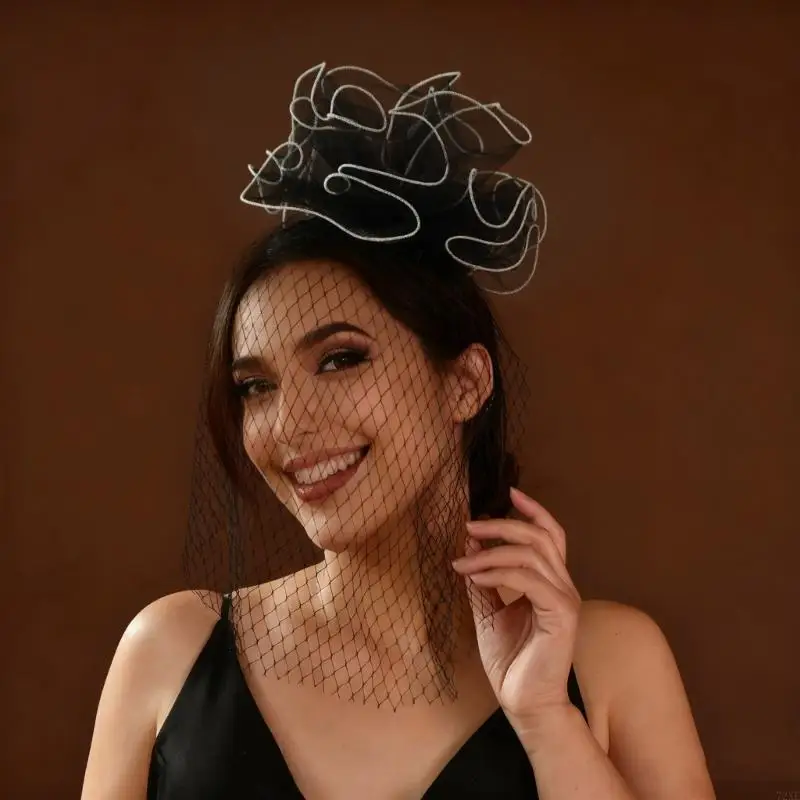 

72XE Elegant Tulle Flower Veil Headwear For Women Bridal Shower Hair Accessory Fascinator Headpiece for Cocktails Parties