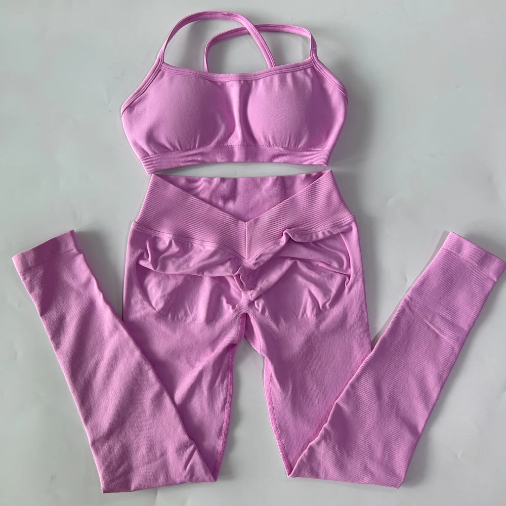 

2 Pieces Gym Set For Women Clothes Seamless Scrunch Yoga Leggings Set Backless Sports Bra Fitness Workout Top Yoga Set Outfits