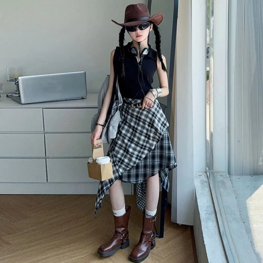 Conjunto de ropa plisada a cuadros para niñas, conjunto de falda Midi Irregular de manga corta para niños, trajes y2k, pantalones cortos para adolescentes y niños, traje para estudiantes