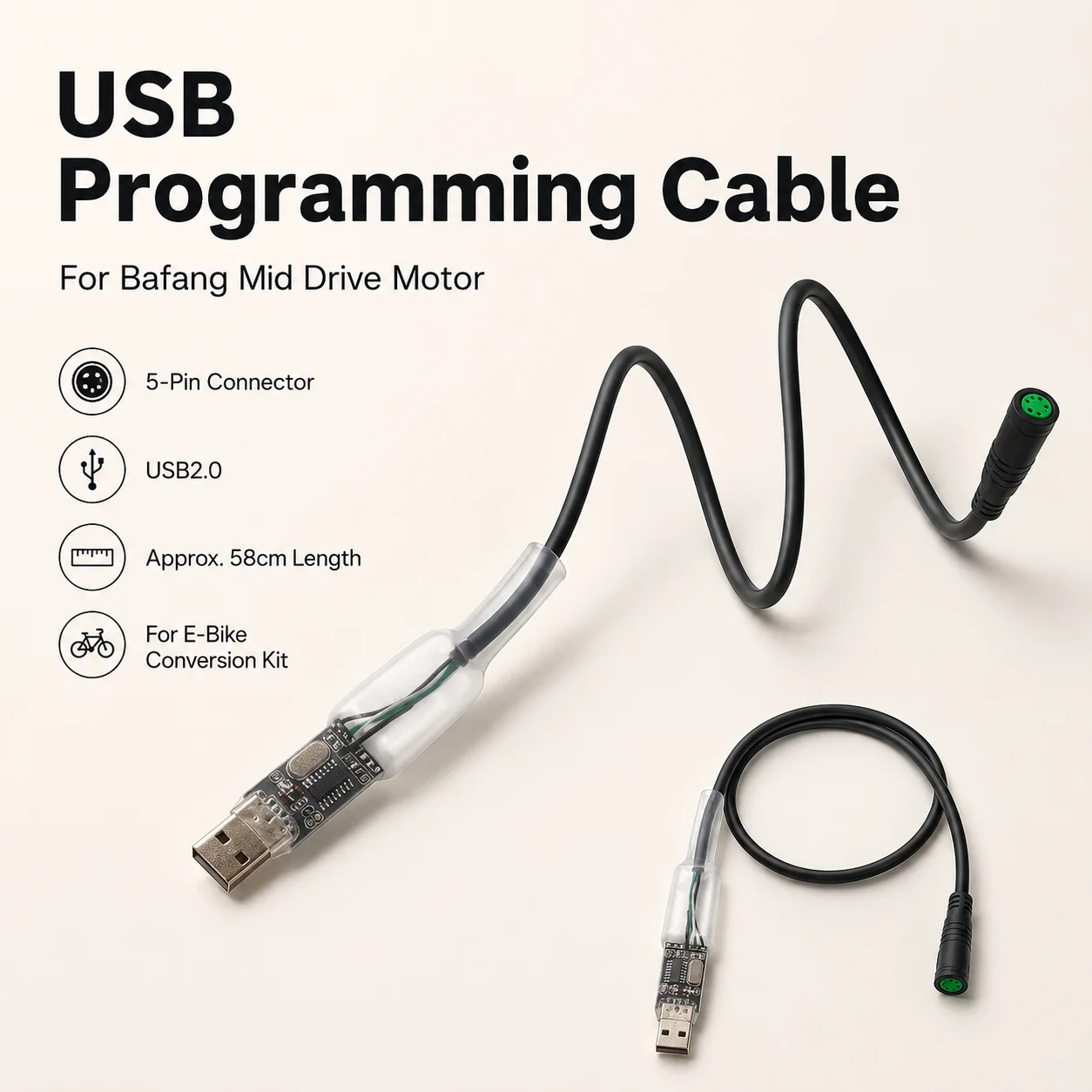 USB Programming Cable for Bafang Mid Drive Motor 5 Pin USB2.0 58cm E-Bike Conversion Tuning Repair Spare Part Accessory