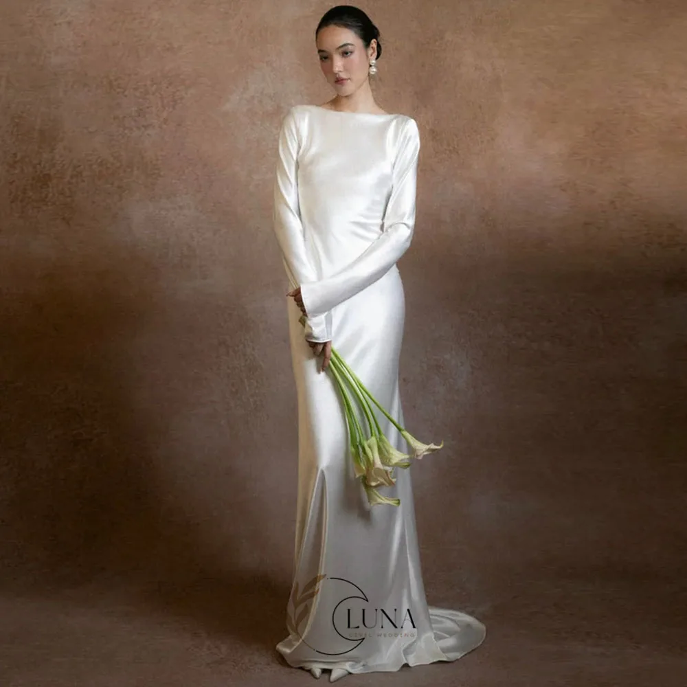 Luna Boat Neck French Wedding Dresses Silk Satin Ivory Long Sleeves Bridal Gown Customized Backless Pretty Long Bride Gowns
