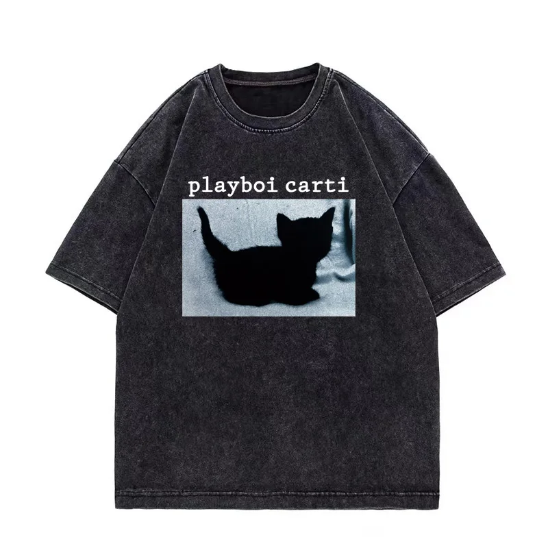 تي شيرت ريترو مغسول Playboi Carti لطيف القط Harajuku تي شيرت أفيوم كين كارسون النرجس جولة الملاعب الراب تي شيرت MenOversized #1