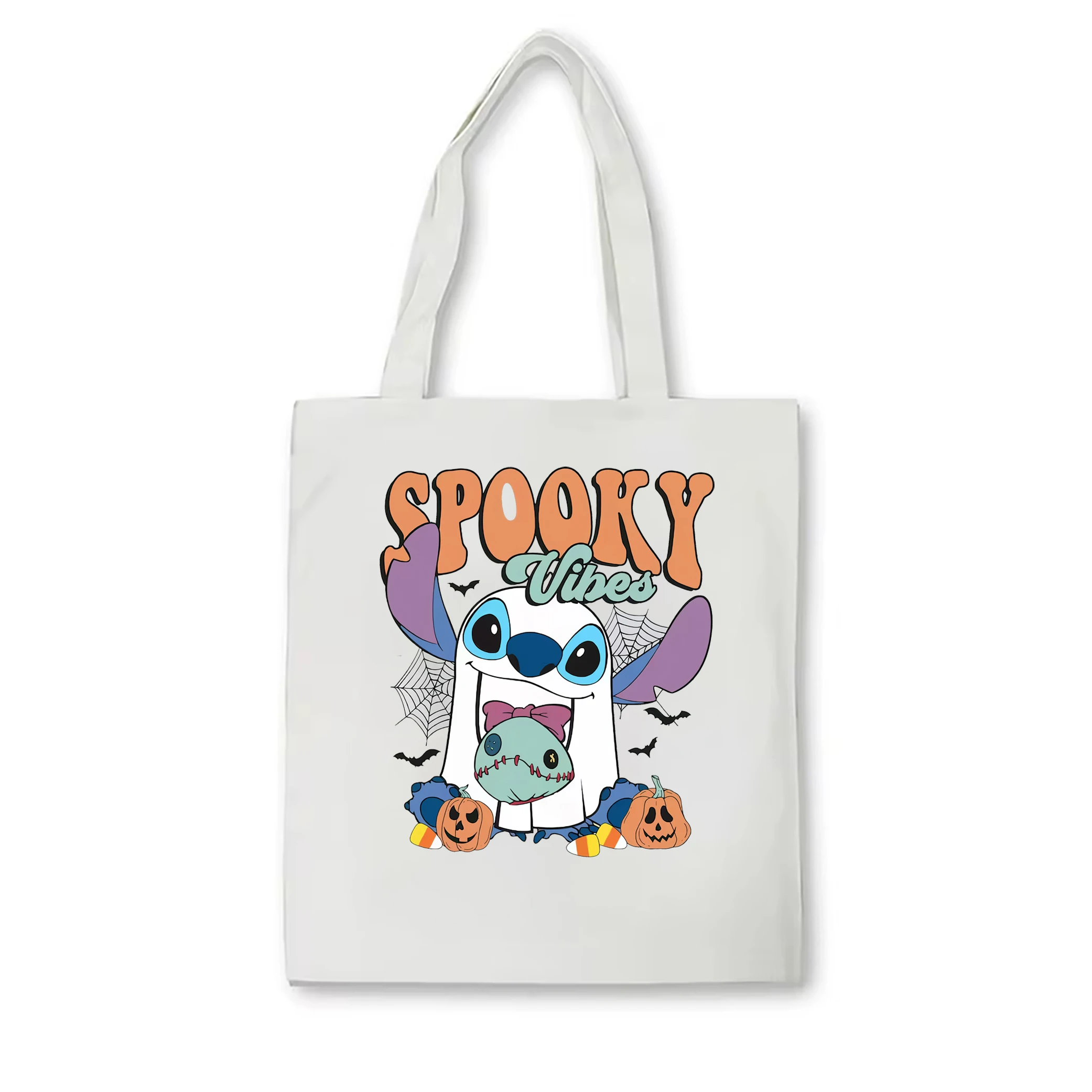 Stitch Boo Ghost with Scrump Spooky Vibes Canvas tote bag Lilo And Stitch Halloween Shoulder Bag Disney Halloween Party tote bag