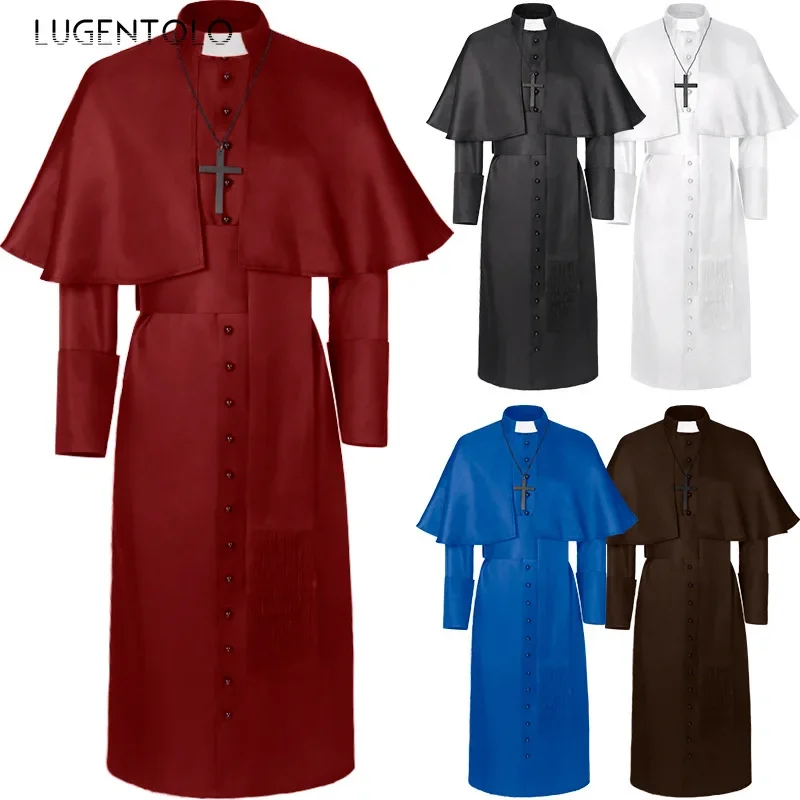 Men Medieval Priest Trench Solid Long Coat Halloween Retro Casual Male Loose Party Stage Performance Clothing