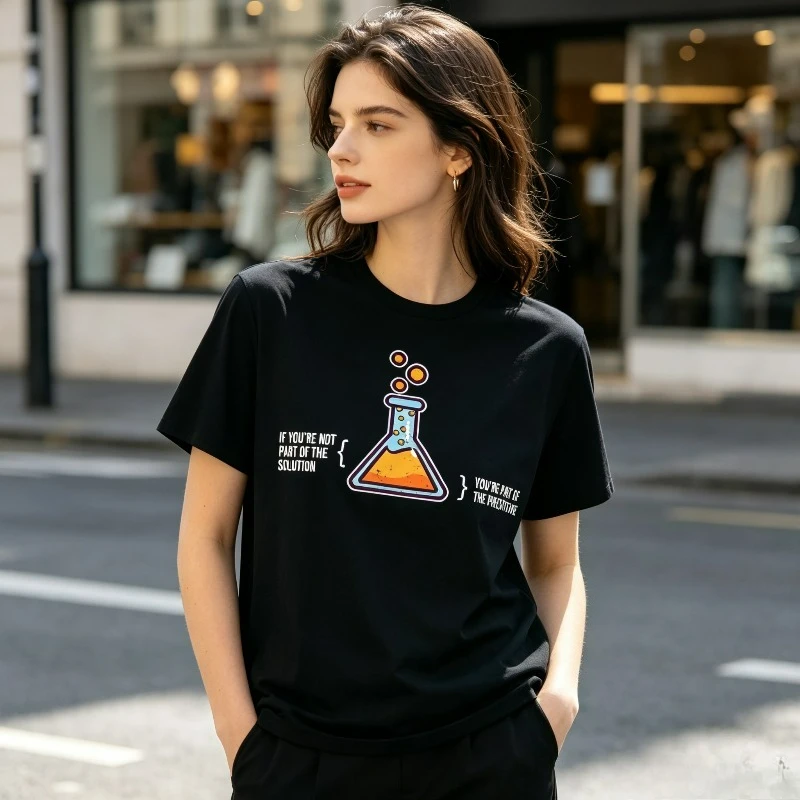 T-shirt décontracté pour femme à manches courtes et col rond, imprimé humoristique sur le thème de la science et de la chimie, style streetwear quotidien