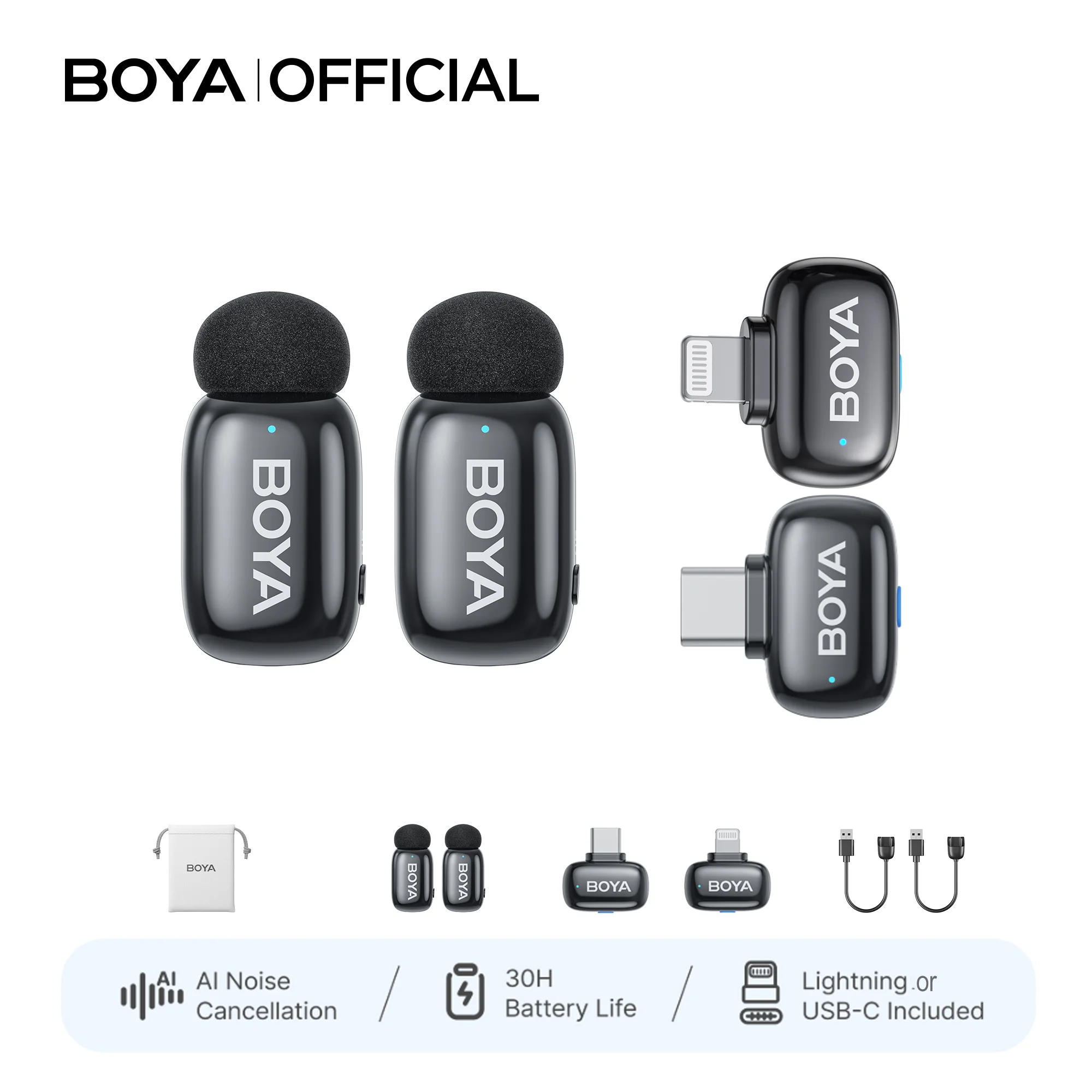BOYA Mini 2 Kabelloses Lavaliermikrofon für iPhone mit Typ-C-Anschluss ohne Gehäuse, KI-Geräuschunterdrückung für Vlogging, Live-Stream, Interviewaufnahmen