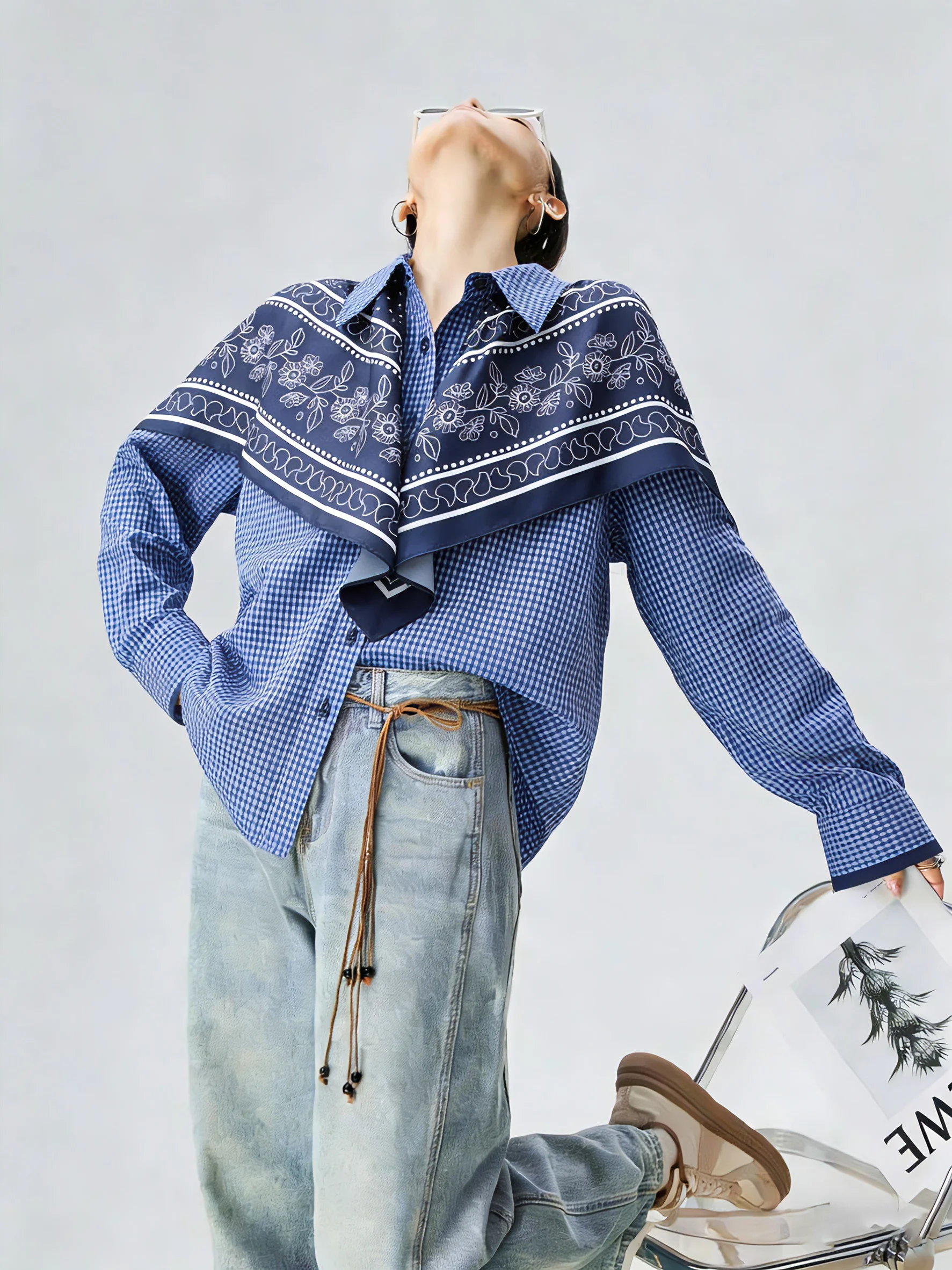 

Blue Plaid Floral Women's awl irt Ele Lightweight Luxury Anti-Aging Spring Faion Design Casual Long Sve Collar