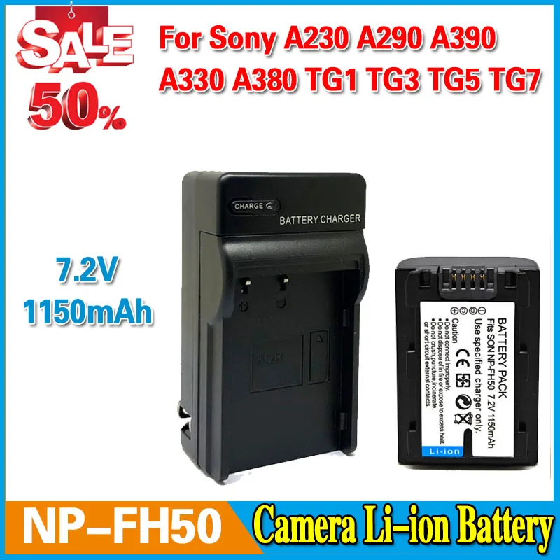 Compatible Battery 7.2V 1150mAh Camera Battery NP-FH50 Battery, FH40 Charger for Sony A230 A290 A390 A330 A380 TG1 TG3 TG5 TG7