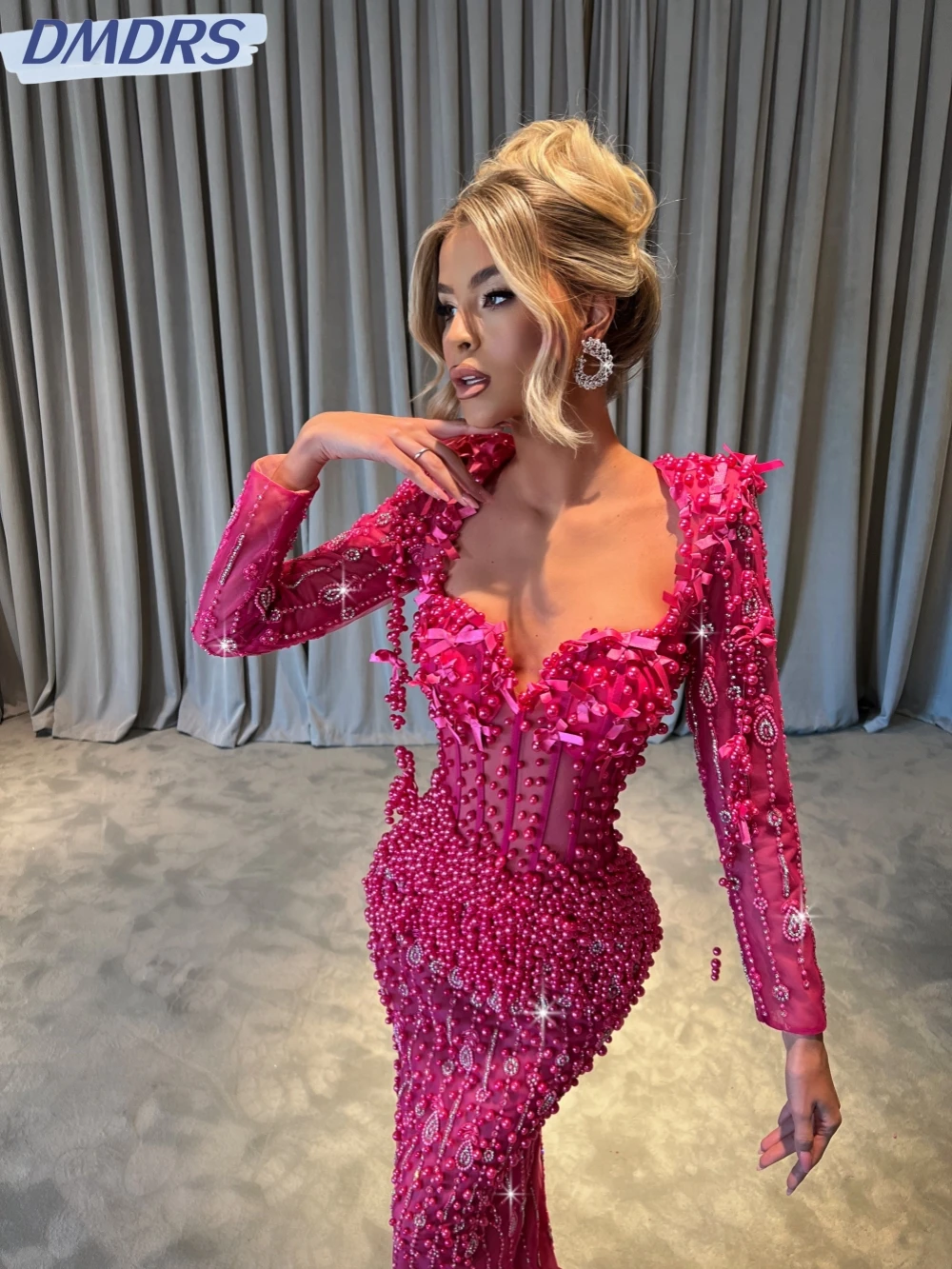 

Attractive Sparkly Beads Pearls Evening Dress With Bow Sweetheart Neck Wedding Party Gown Customized Luxury Sexy Prom Dresses