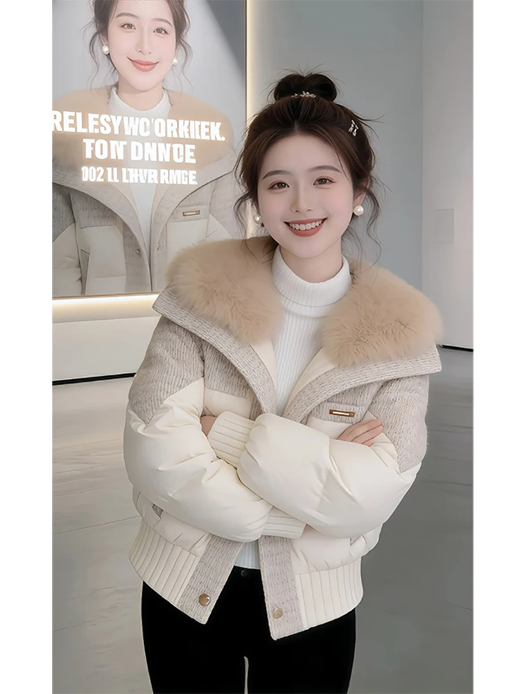 

Thickened Cotton Jacket Women's Winter Commute Warm Coat Large Fur Collar Korean Style Loose Fit Long Sleeve Short Length