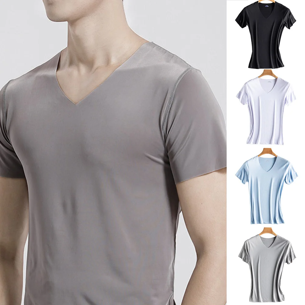 Men's Seamless T-Shirt Quick Dry Short Sleeve V-Neck Slim Blouse for Summer Breathable Casual Blouse Soft Sports Shirt PR Sale